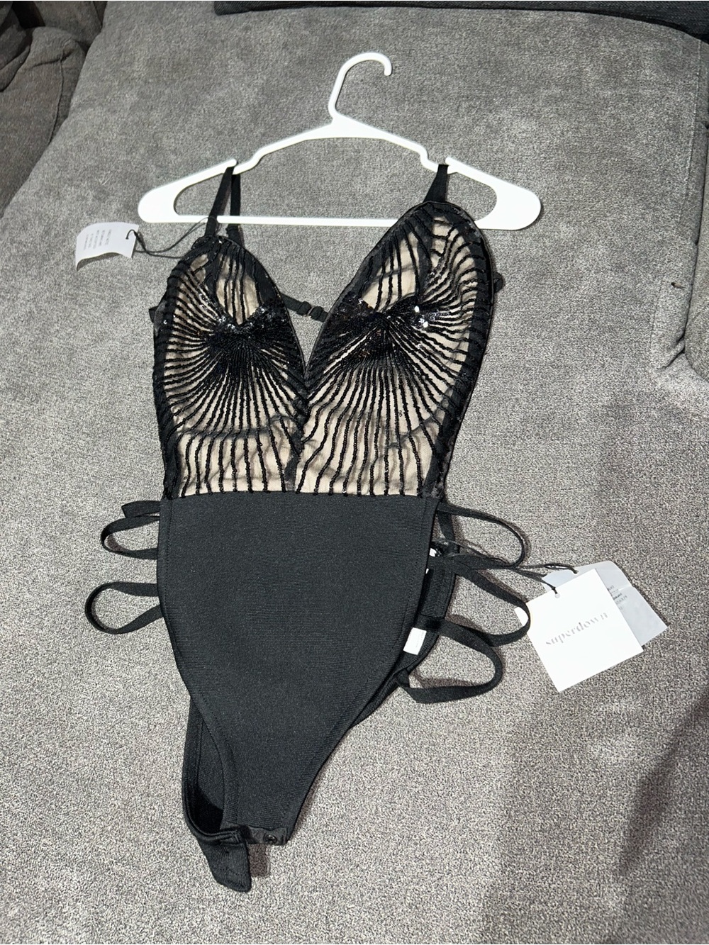 NWT-Superdown Sheer Embroidered Black 1-Piece Bodysuit with Strappy Sides- small